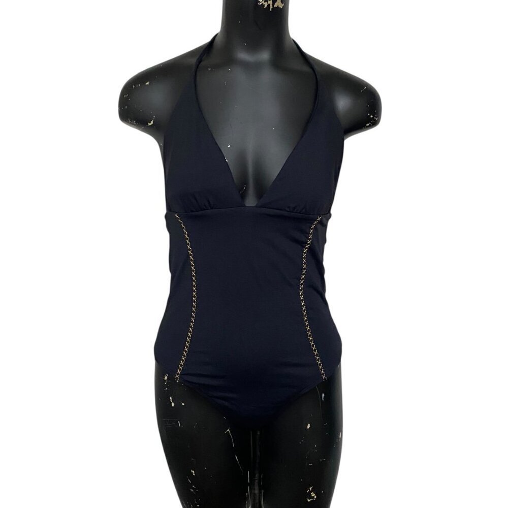 L SPACE LILA PLUNGE STRAPPY BACK HALTER ONE PIECE SWIMSUIT BLACK SIZE 10